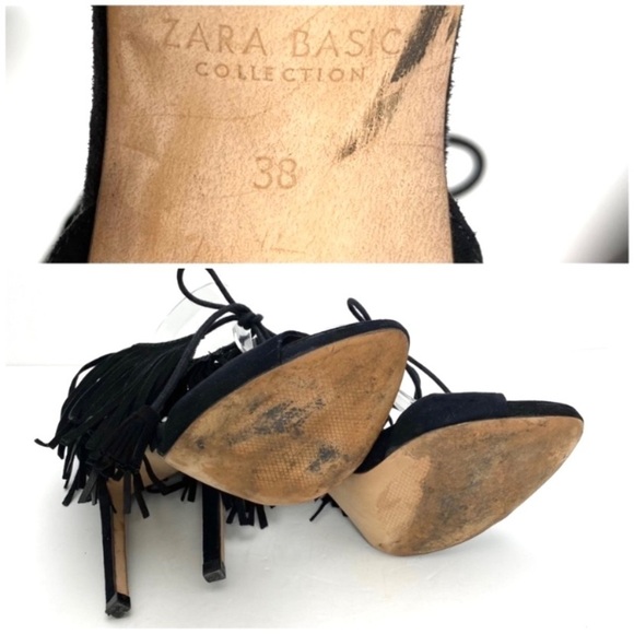 Zara Suede Ankle Fringe Lace tie High Heel Sandals in Black - Picture 9 of 9